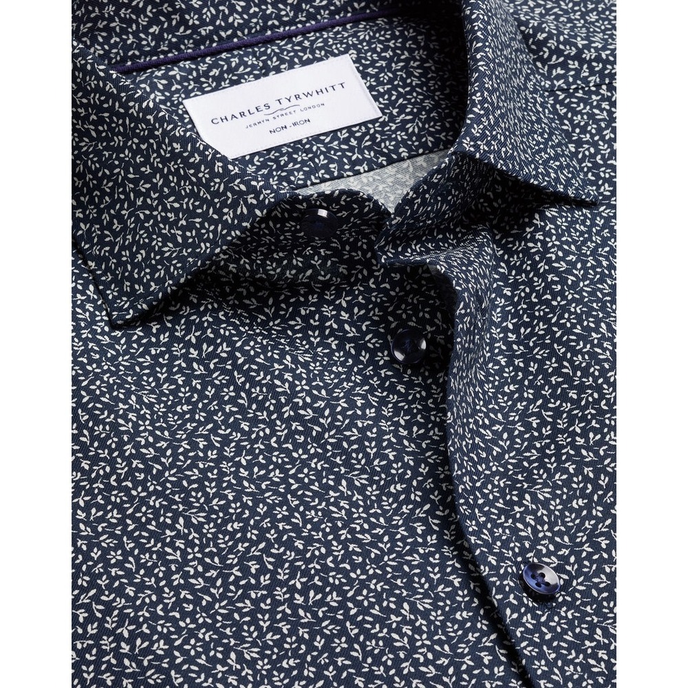 Charles Tyrwhitt Navy Non-Iron Stretch Print Shirt Classic Fit 18/35 NEW‎